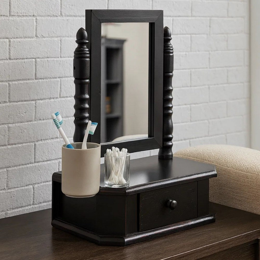 Traditional Wooden Table Mirror with 1 Drawer, Black and Silver