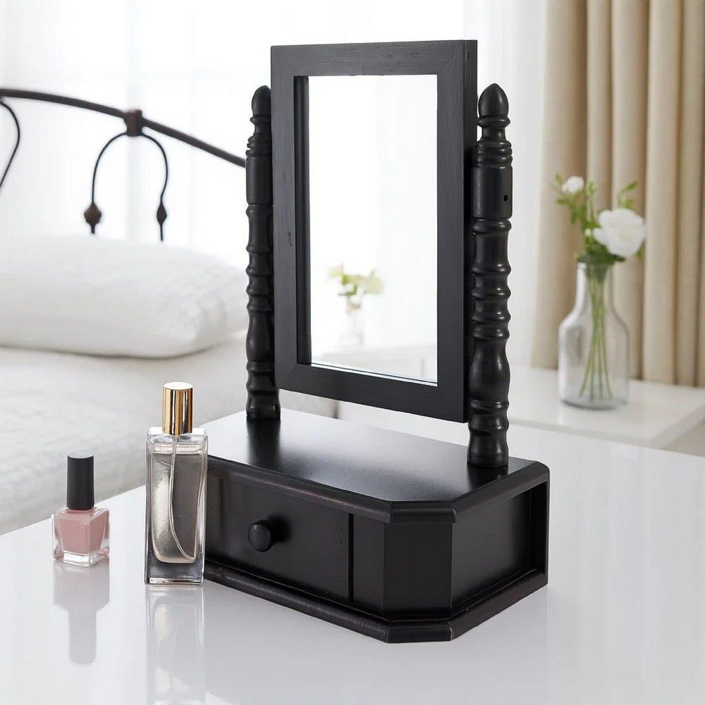 Traditional Wooden Table Mirror with 1 Drawer, Black and Silver