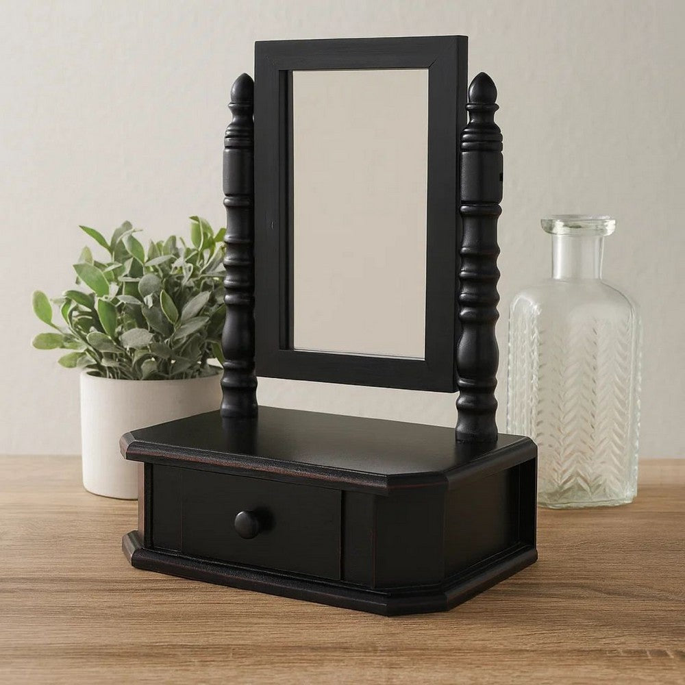 Traditional Wooden Table Mirror with 1 Drawer, Black and Silver