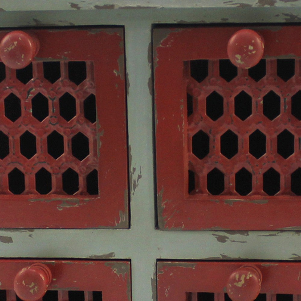 Wooden Table Top Organizer with 4 Drawers Distressed Gray and Red BM217294