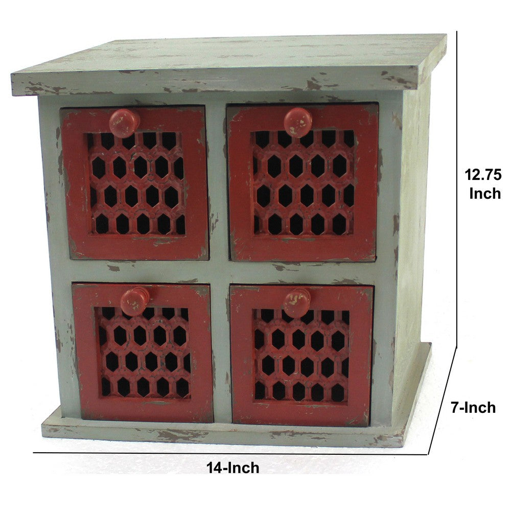Wooden Table Top Organizer with 4 Drawers Distressed Gray and Red BM217294