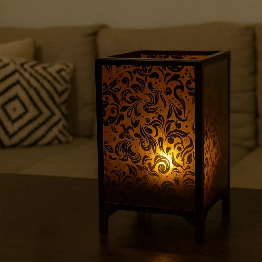 Cuboidal Metal and Glass Filigree Candleholder, Black and Clear