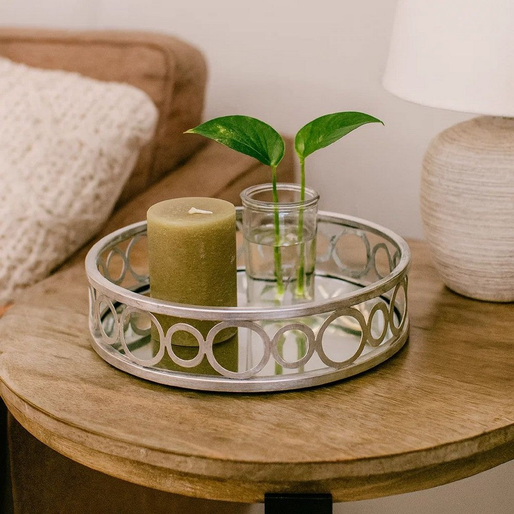 Round Metal Tray with Geometric Mirror Panel Inserts, Silver
