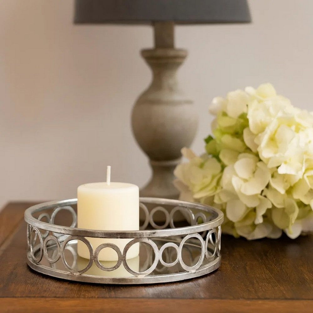 Round Metal Tray with Geometric Mirror Panel Inserts, Silver