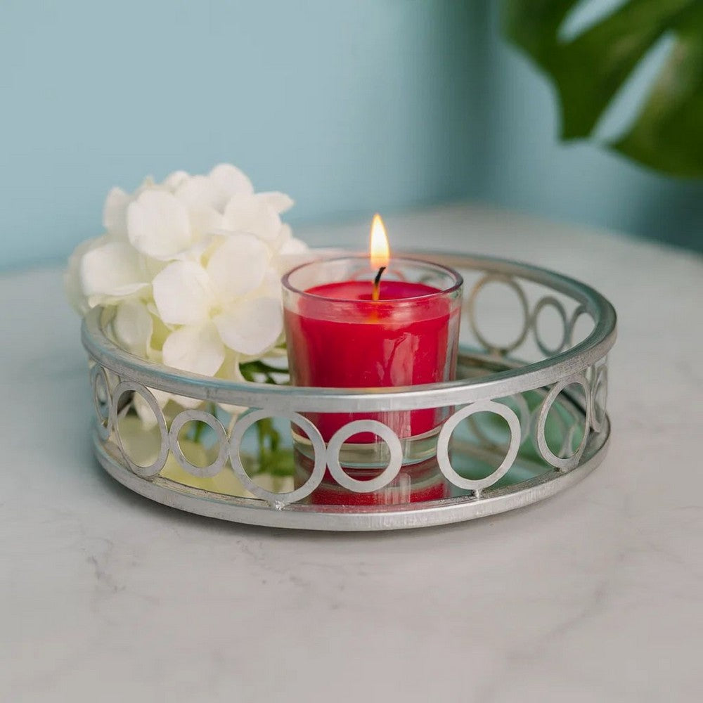 Round Metal Tray with Geometric Mirror Panel Inserts, Silver