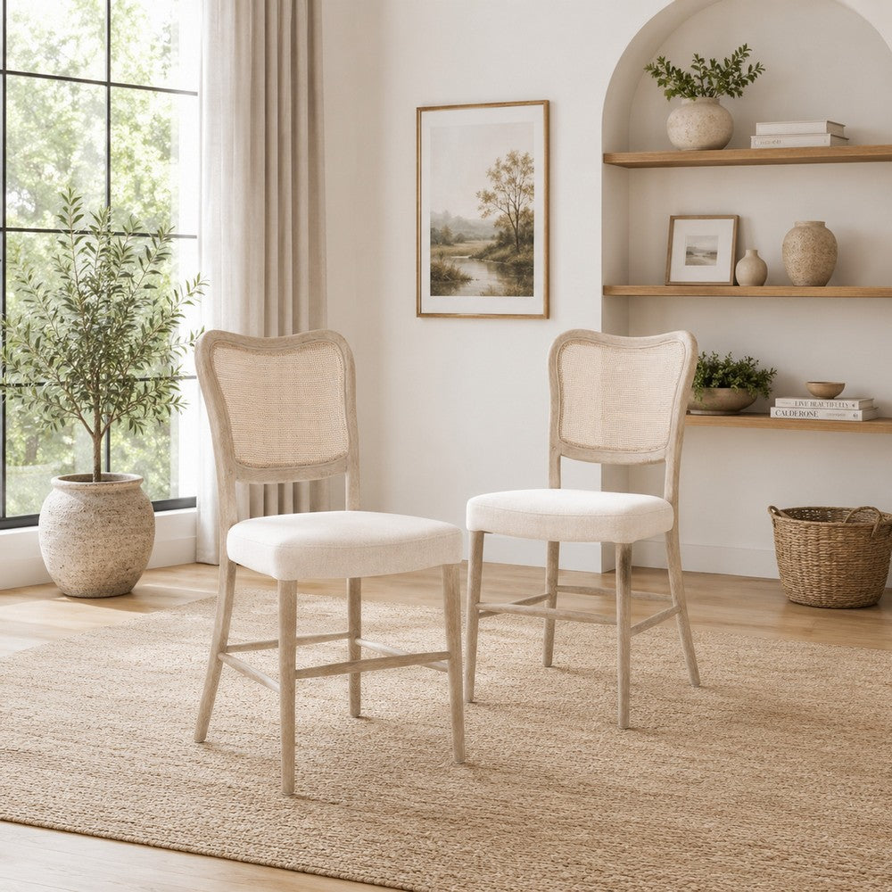 Cane Back Dining Chairs | Wood Frame | Set of 2 | Bisque & Natural Gray Oak