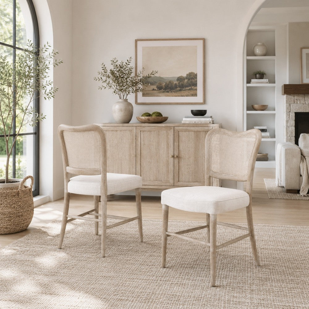 Cane Back Dining Chairs | Wood Frame | Set of 2 | Bisque & Natural Gray Oak