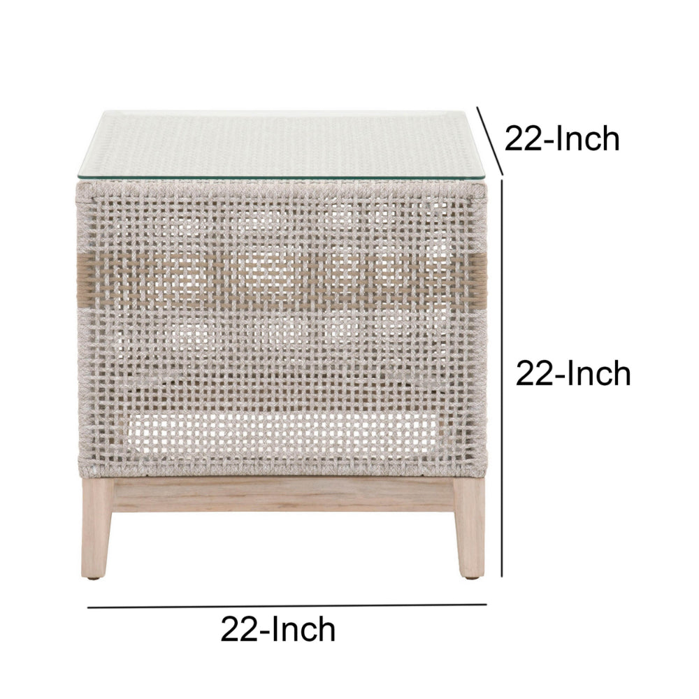 Rope Weave Design End Table With Glass Top Gray and Brown By Casagear Home BM217412