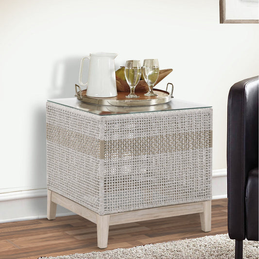 Rope Weave Design End Table With Glass Top, Gray and Brown By Casagear Home