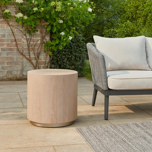 Wood End Table | Round Grain Frame | Metal Base | Large | Brown & Gray