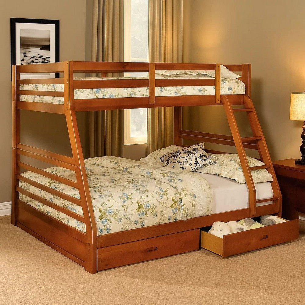 Transitional Style Twin Over Full Bunk Bed with Drawers, Oak Brown