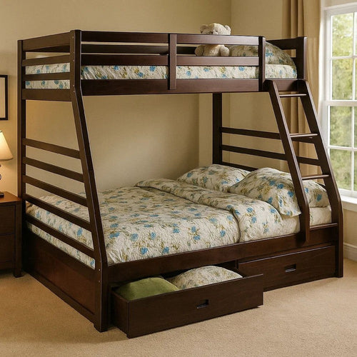 Transitional Style Twin Over Full Bunk Bed with Drawers, Walnut Brown