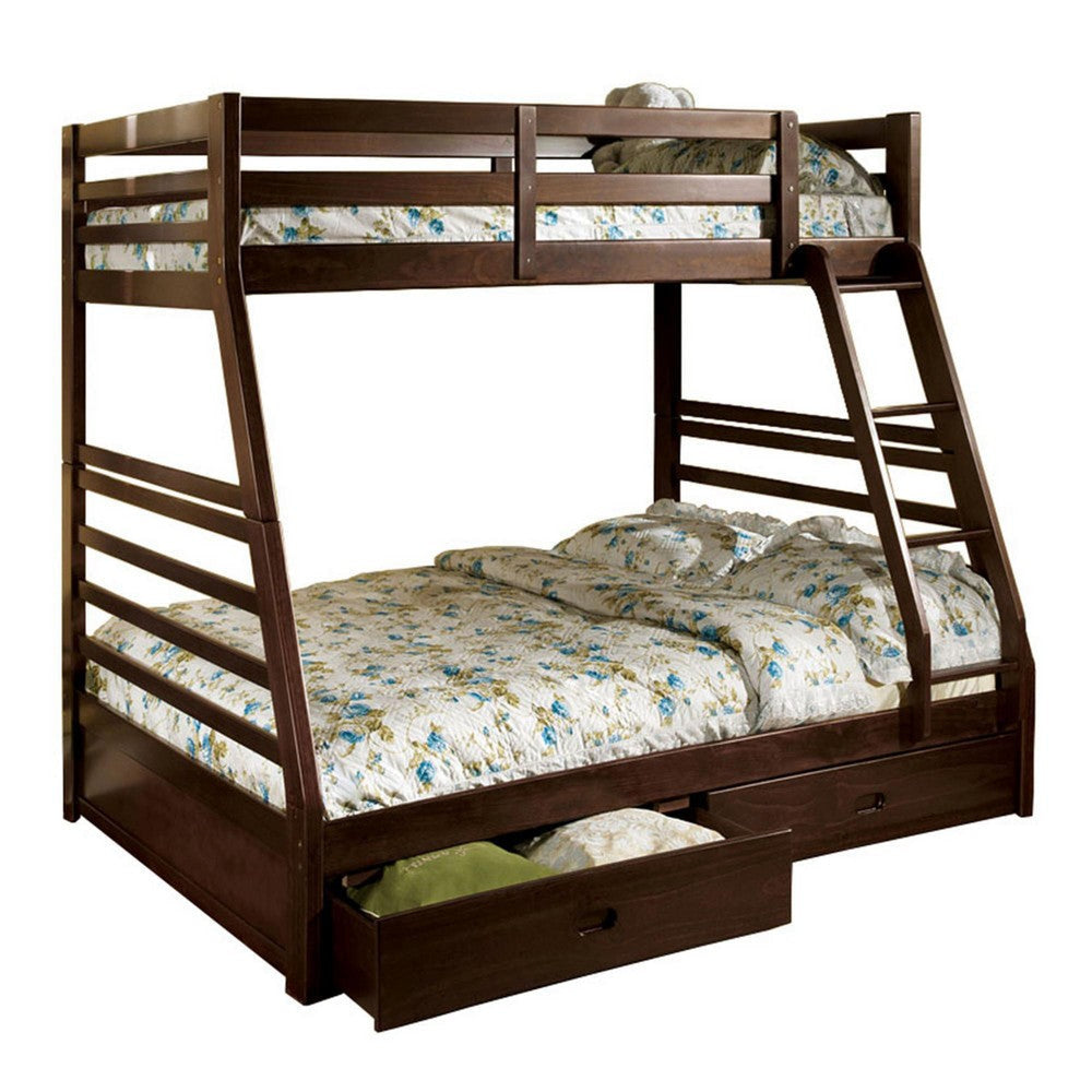 Transitional Style Twin Over Full Bunk Bed with Drawers, Walnut Brown