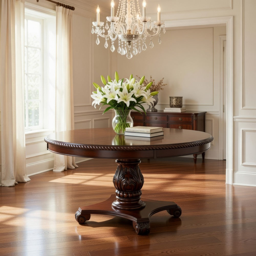 Traditional Dining Table | Round | Carved Pedestal Base | Cherry Brown