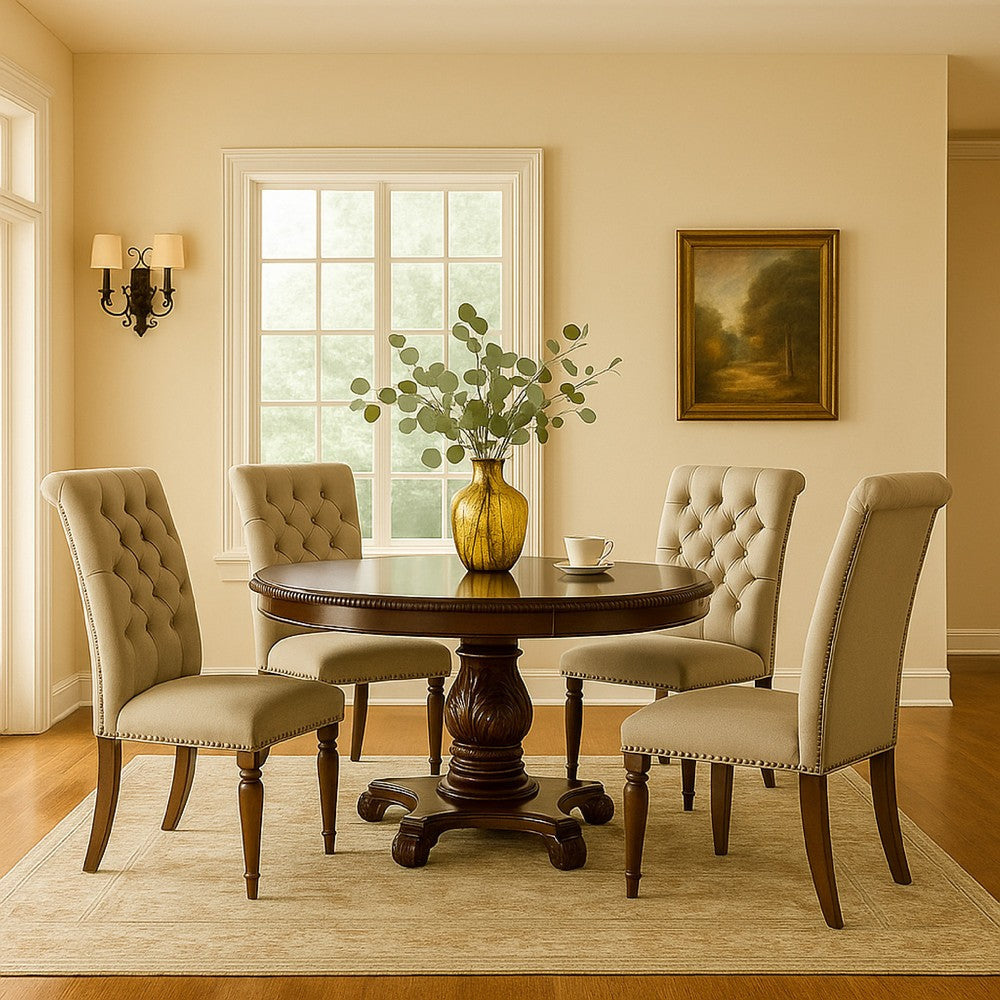 Traditional Dining Table | Round | Carved Pedestal Base | Cherry Brown