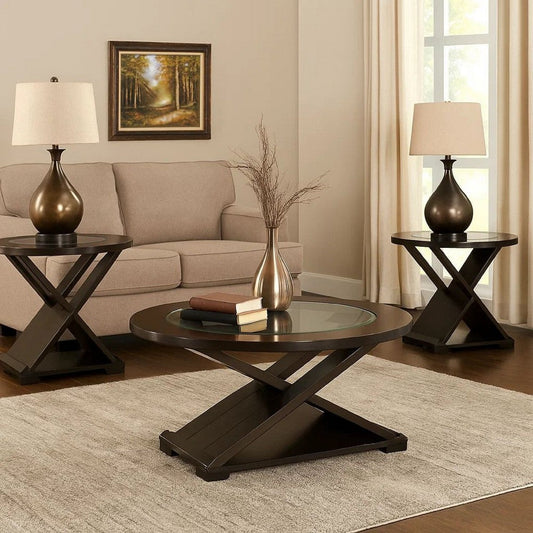 3 Piece Coffee & End Table Set | Round Glass Top | X Base | Brown