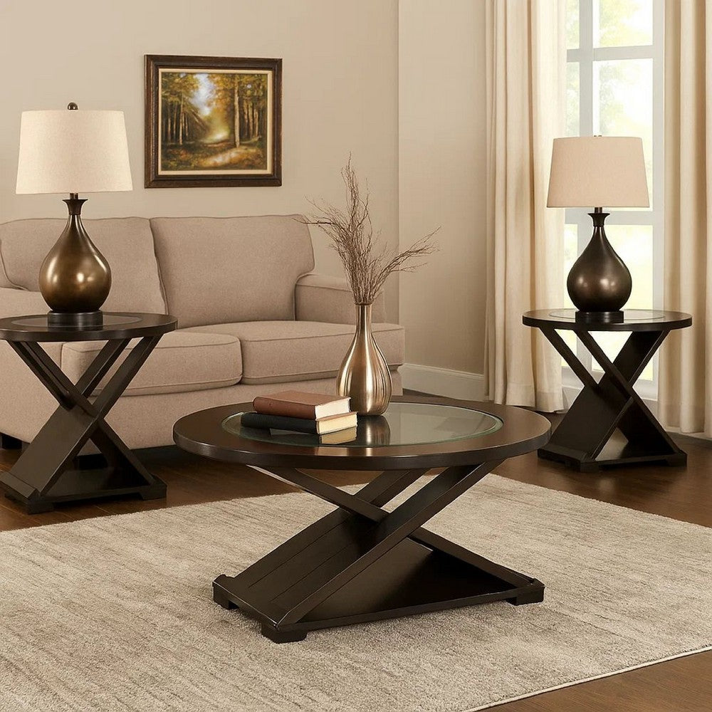 3 Piece Coffee & End Table Set | Round Glass Top | X Base | Brown ...