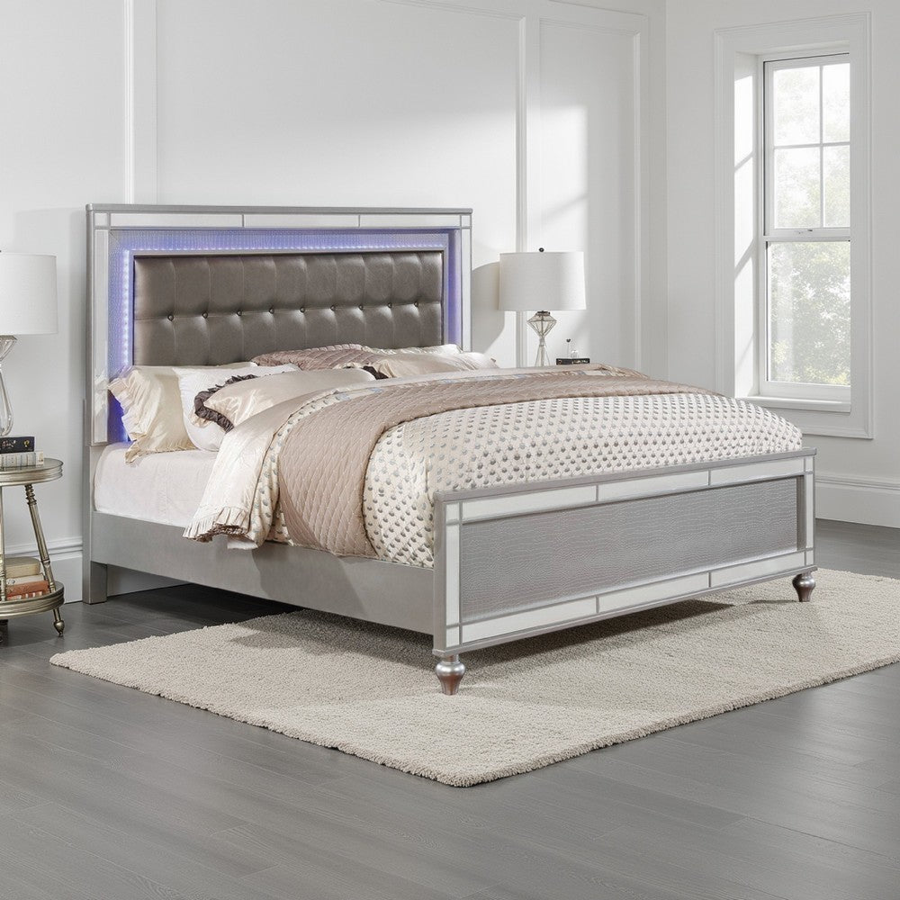 Contemporary Wooden Queen Size Bed with Ornate Bun Feet, Silver