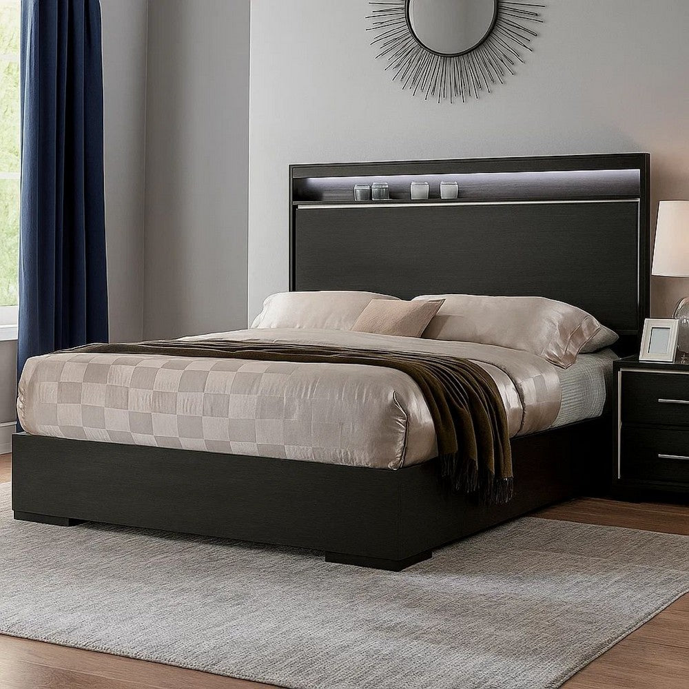 Transitional Wooden Queen Size Platform Bed with Chrome Trim Accents, Gray