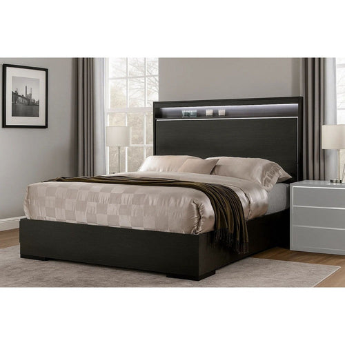 Transitional Wooden Queen Size Platform Bed with Chrome Trim Accents, Gray
