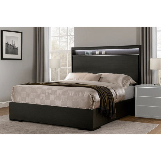 Transitional Wooden Queen Size Platform Bed with Chrome Trim Accents, Gray