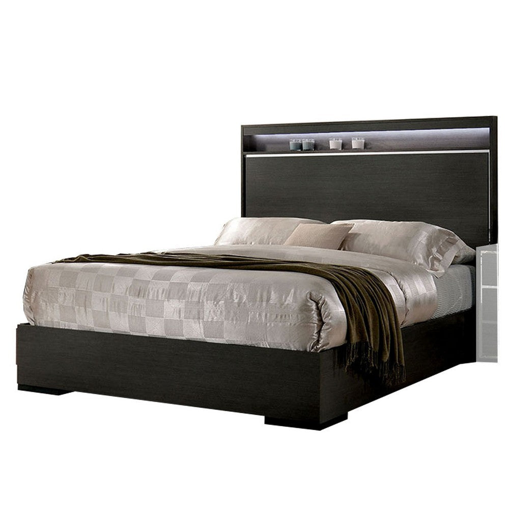 Transitional Wooden Queen Size Platform Bed with Chrome Trim Accents, Gray