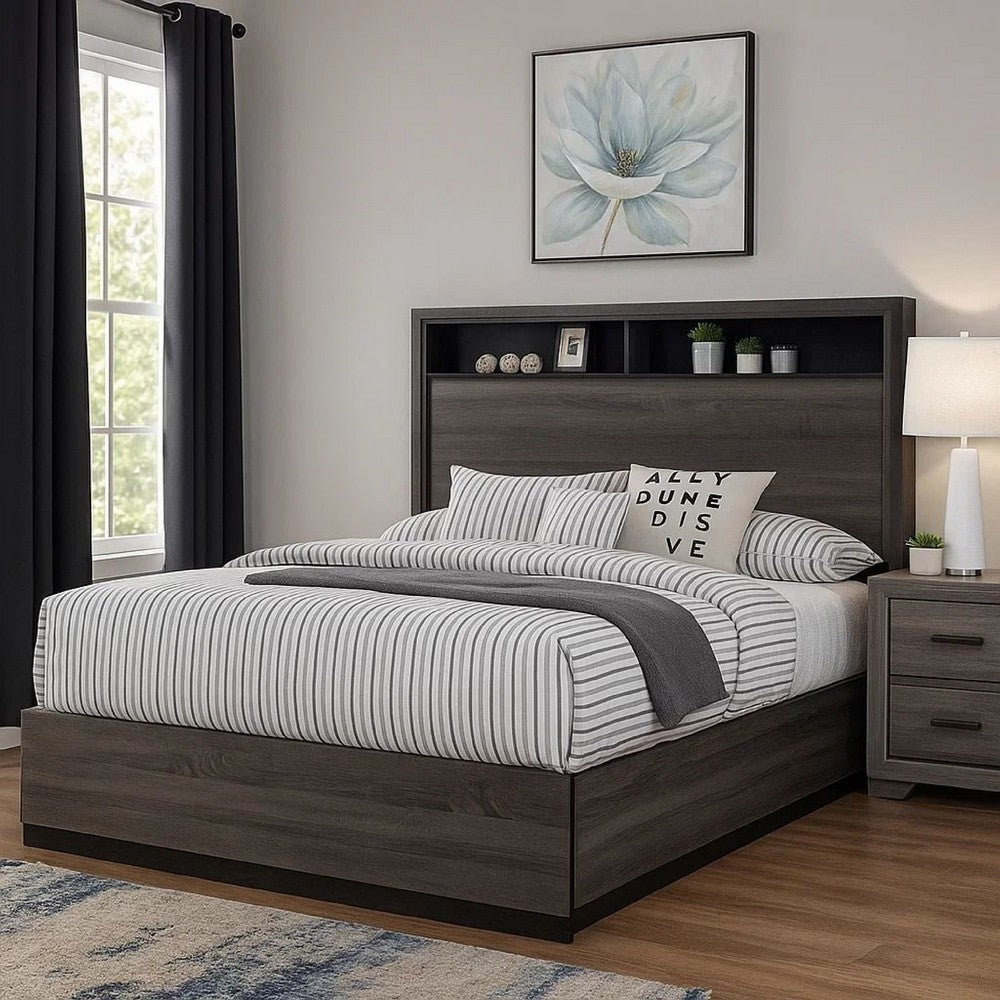 Transitional Platform Bed | Queen Size | Wood | Bookcase Headboard | Gray
