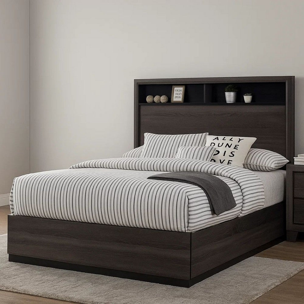 Transitional Platform Bed | Queen Size | Wood | Bookcase Headboard | Gray