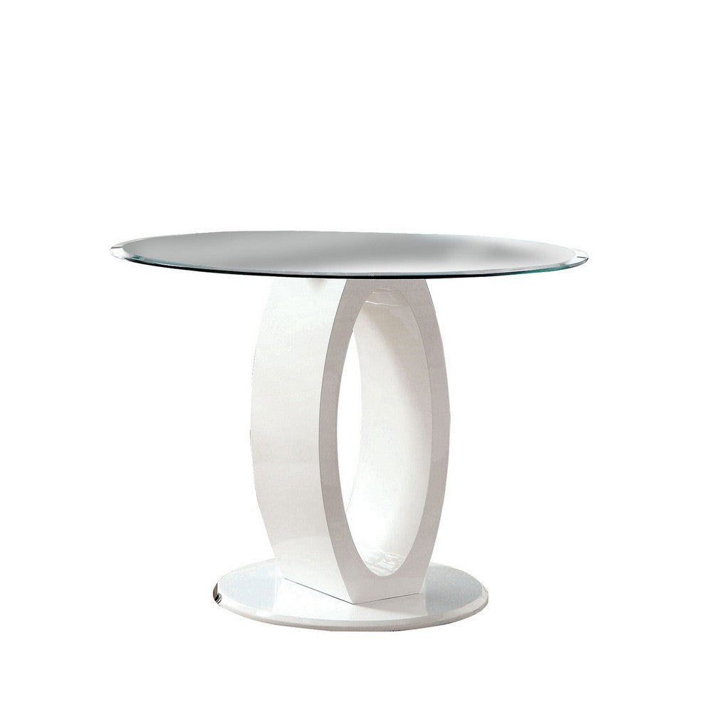 Round Glass Top Counter Height Table with Oval Shaped Base, White By Casagear Home