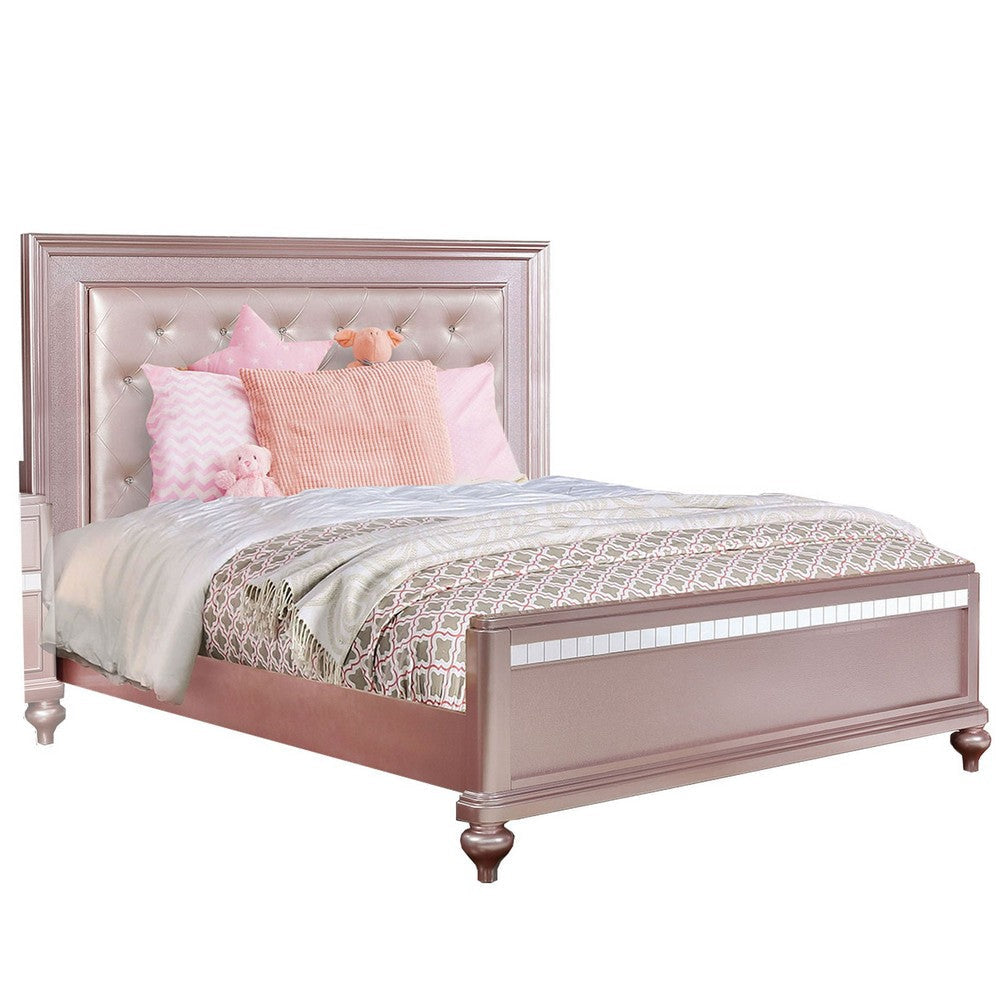 Button Tufted Full Size Bed with Leatherette Headboard, Rose Gold By Casagear Home