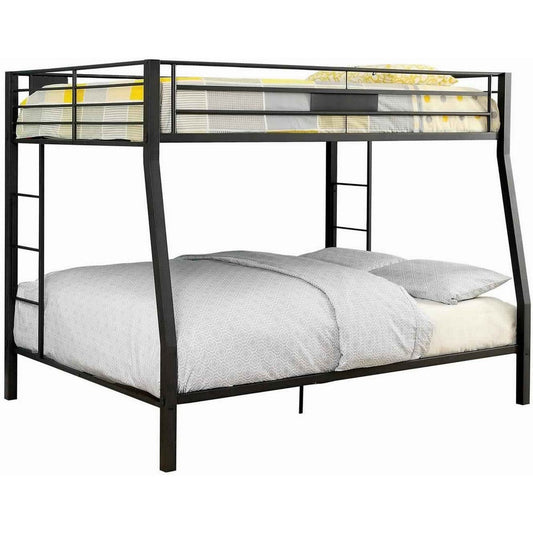 Horizontal Slatted Metal Full Over Queen Bunk Bed with 2 Ladders, Black By Casagear Home