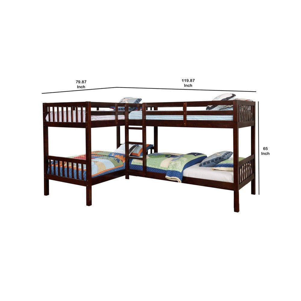 Wooden L Shaped Twin Quad Bunk Bed with Attached Ladder Brown By Casagear Home BM217576