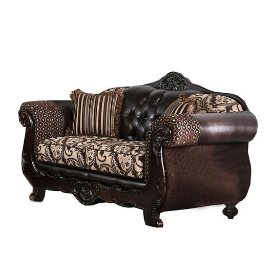 Traditional Loveseat | Wood Frame | Button Tufted Backrest | Beige & Brown