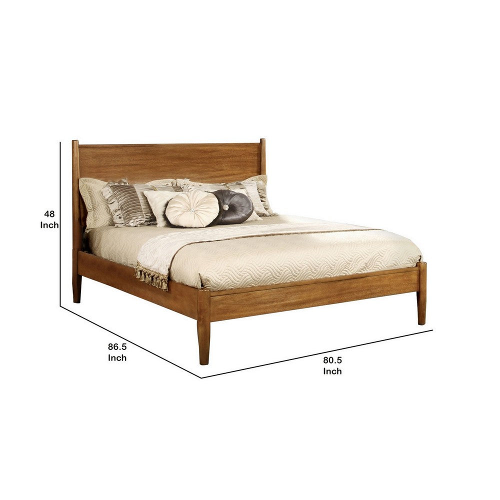 Wooden Eastern King Size Bed with Panel Headboard, Oak Brown