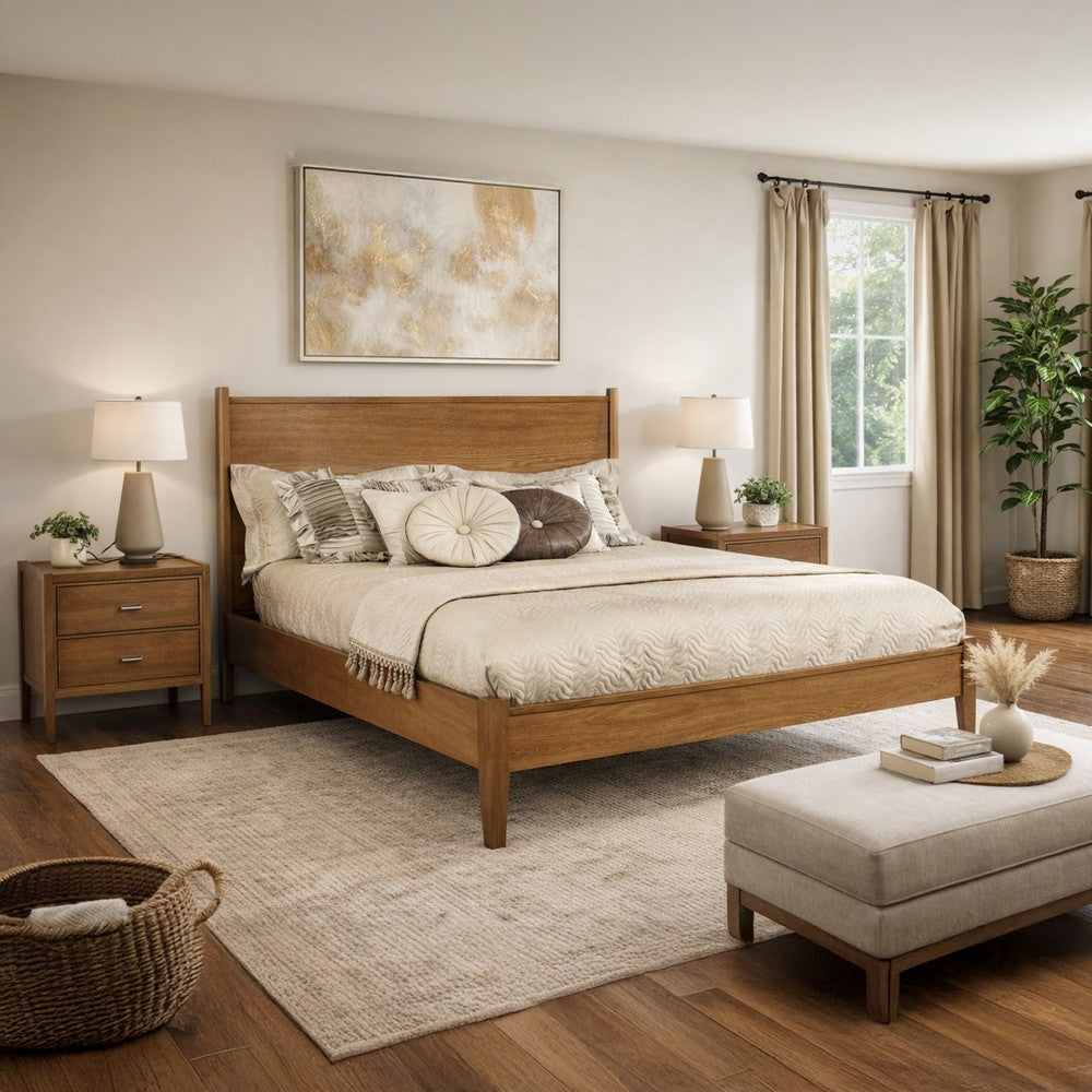 Wooden Eastern King Size Bed with Panel Headboard, Oak Brown