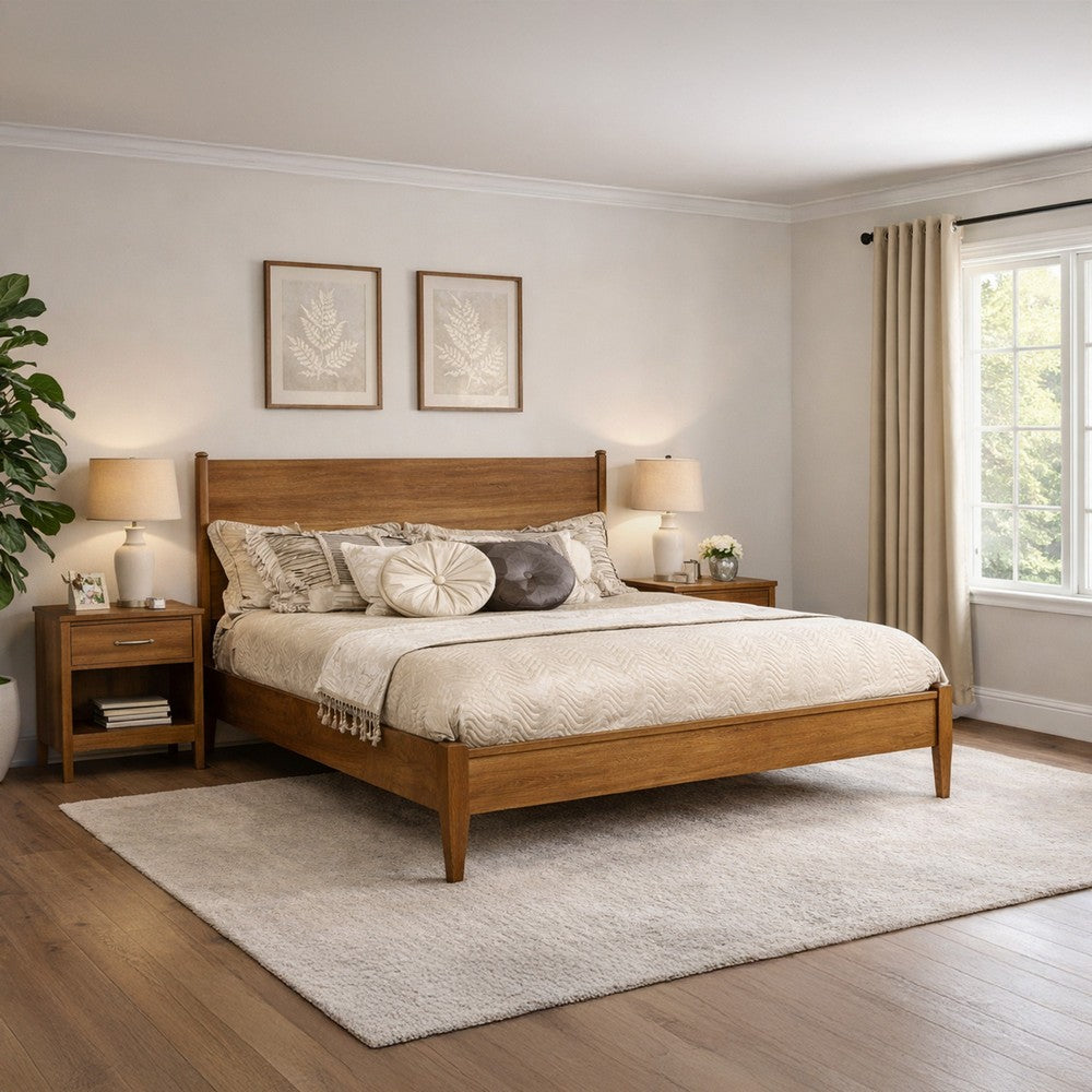 Wooden Eastern King Size Bed with Panel Headboard, Oak Brown