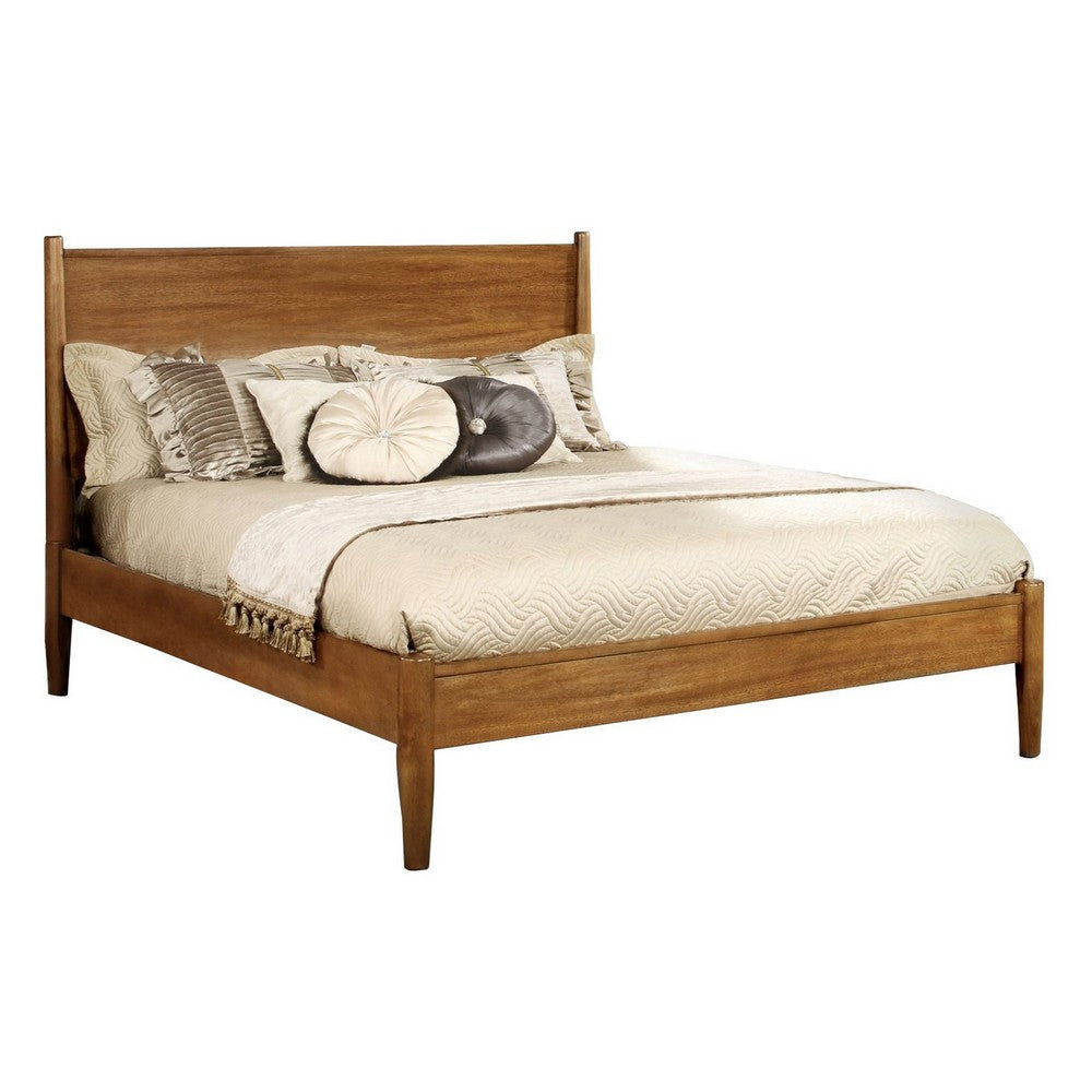 Wooden Eastern King Size Bed with Panel Headboard, Oak Brown By Casagear Home