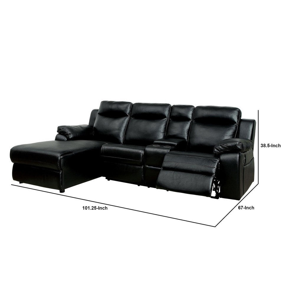 Leatherette Reclining Sectional Sofa with Chaise and Console Black By Casagear Home BM217679