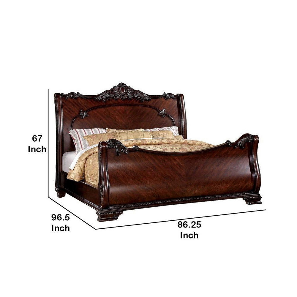 Traditional Eastern King Wooden Sleigh Bed with Intricate Carving Brown By Casagear Home BM217692