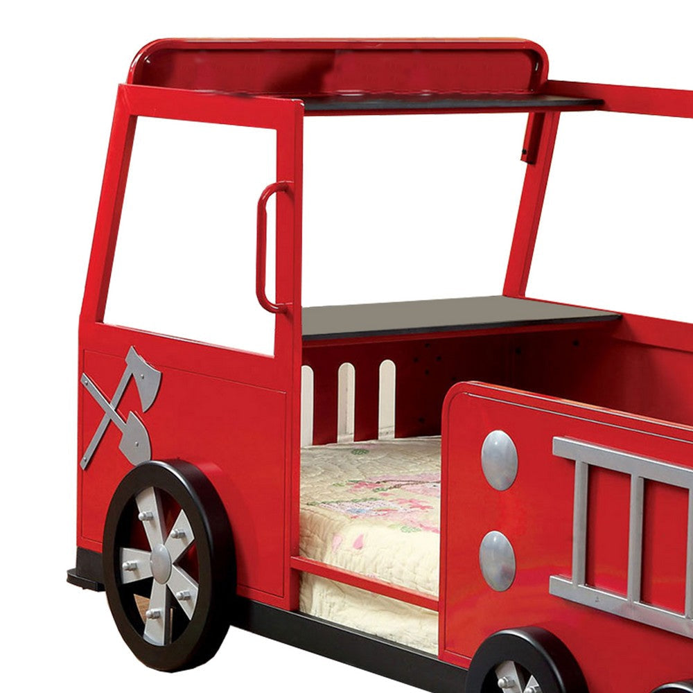 Metal Fire Truck Design Twin Bed with Hidden Storage Red and Black BM217693