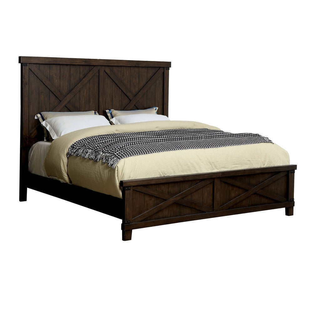 Rustic Wooden Eastern King Size Bed with Barn Style, Walnut Brown