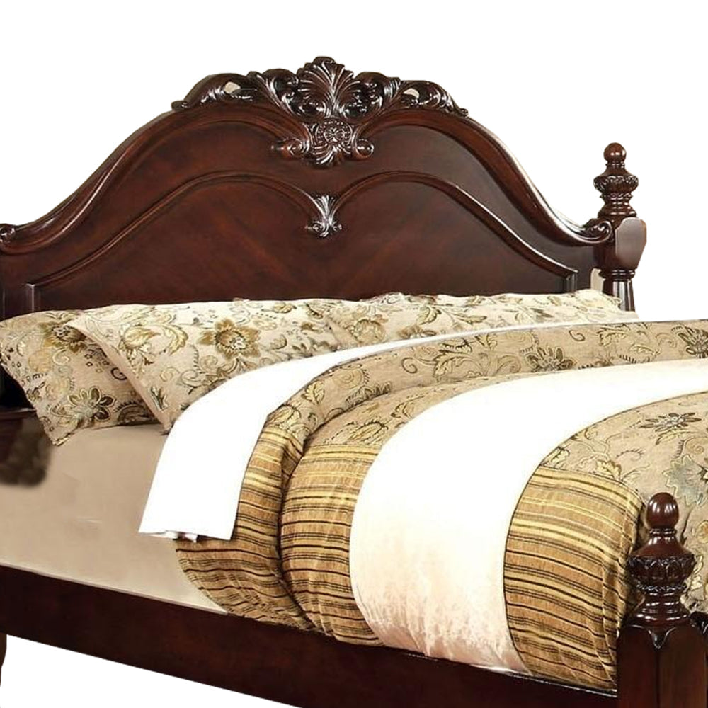 Baroque Style Wooden Queen Size Bed with Scalloped Top Cherry Brown By Casagear Home BM217696