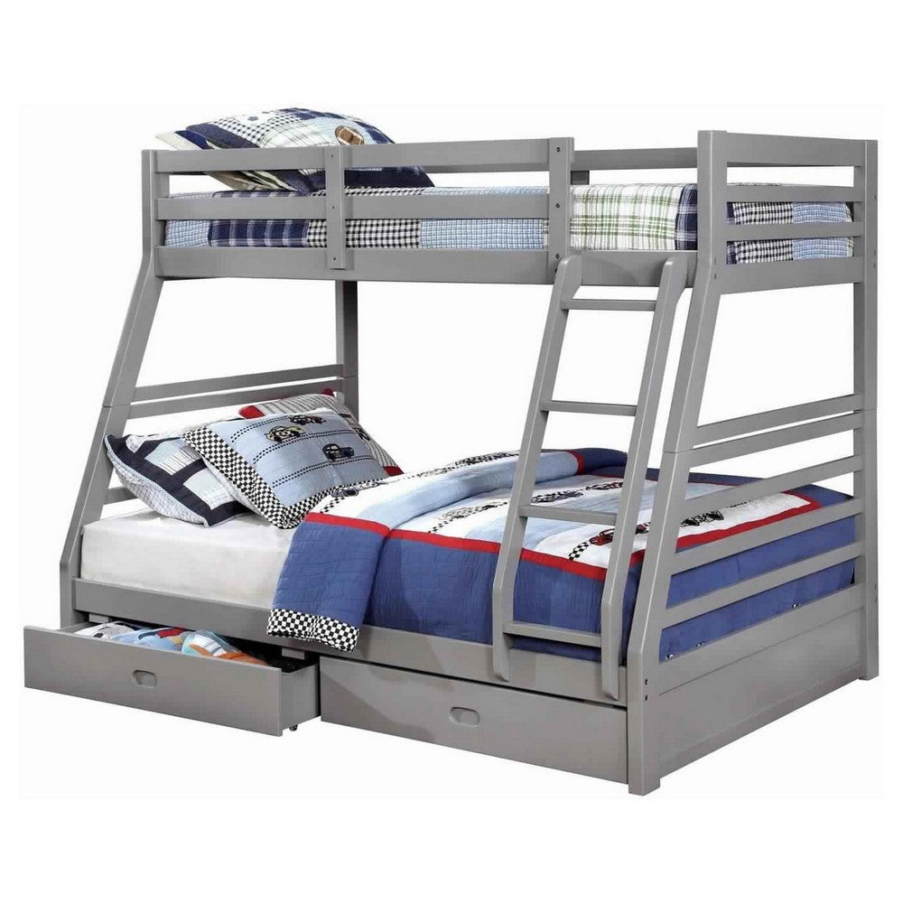 Transitional Bunk Bed | Twin Over Full | Attached Ladder & Drawers | Dark Gray
