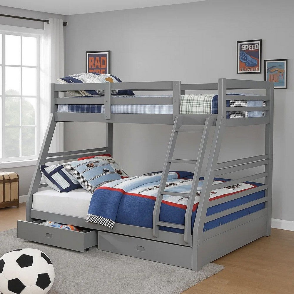 Transitional Bunk Bed | Twin Over Full | Attached Ladder & Drawers | Dark Gray