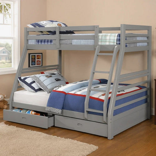 Transitional Bunk Bed | Twin Over Full | Attached Ladder & Drawers | Dark Gray