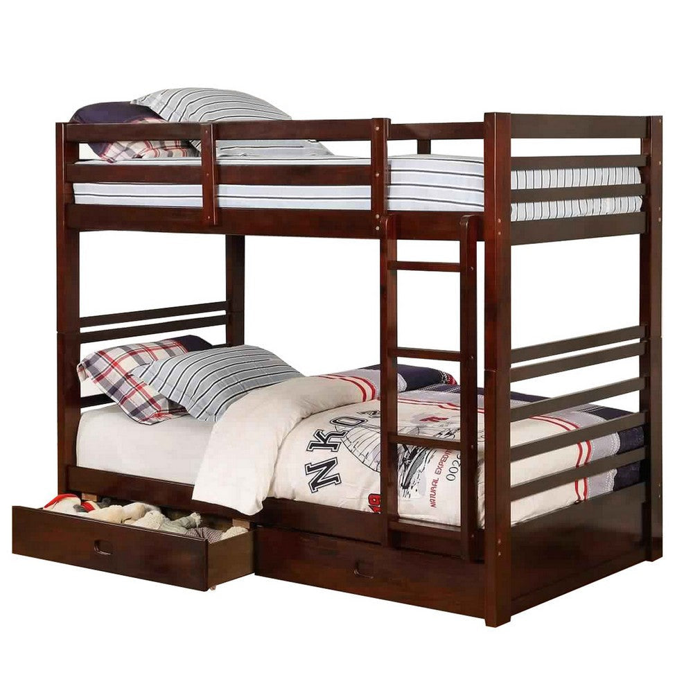 Transitional Twin Over Twin Bed with Attached Ladder and Drawers, Brown