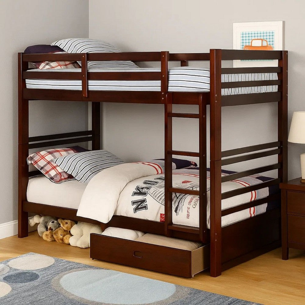 Transitional Twin Over Twin Bed with Attached Ladder and Drawers, Brown
