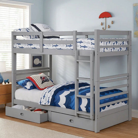 Transitional Twin Over Twin Bed with Attached Ladder and Drawers, Gray