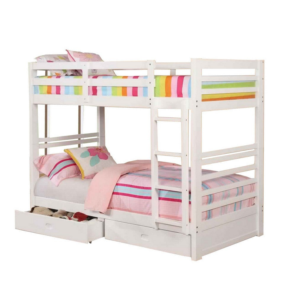 Transitional Bunk Bed | Twin Over Twin | Attached Ladder & Drawers | White
