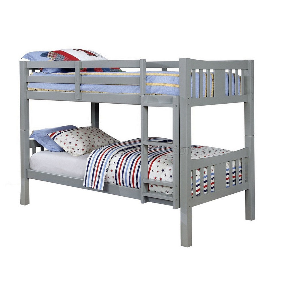 Slatted Bunk Bed | Twin Over Twin | Attached Ladder | Gray